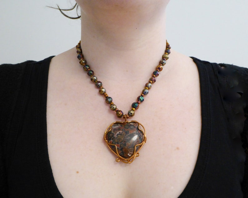 Natural big Leopard Skin Jasper heart, pendant necklace. Copper wire. Soft faceted rainbow metallic glass beads. Copper colored seed beads. image 4