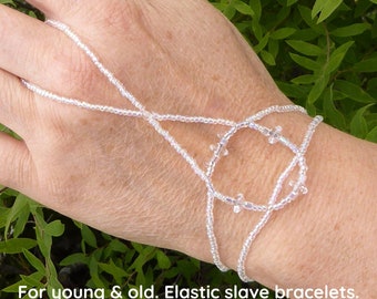 White elastic slave bracelet. Beaded Hand finger jewelry. Finger bracelet. Hand jewelry. Ring bracelet. Hand bracelet. Hand chain ring.
