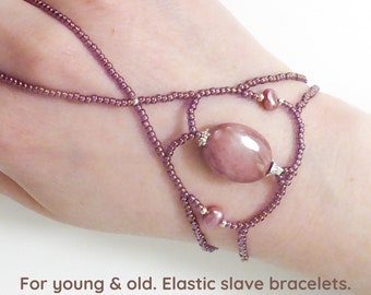 Natural RHODONITE elastic gemstone slave bracelet. Beaded stretchy crystal bracelets ring. Semi precious stone finger bracelet Hand jewelry