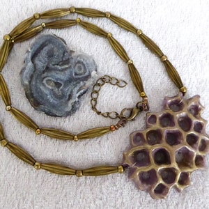 Bronze purple polymer clay 3D net. A thin coat of shiny resin. Nickel free bronze metal beads. Nickel free bronze colored clasp and chain. image 2