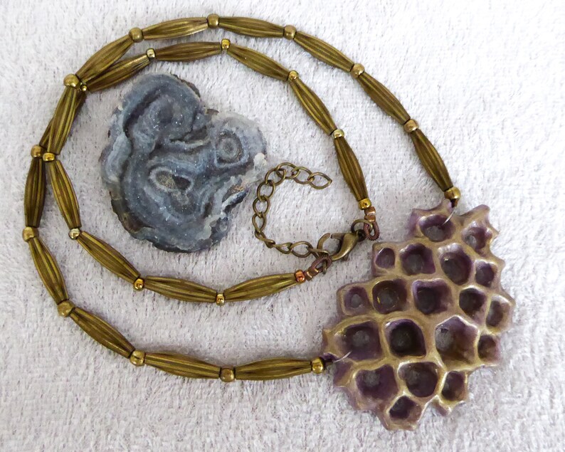 Bronze purple polymer clay 3D net. A thin coat of shiny resin. Nickel free bronze metal beads. Nickel free bronze colored clasp and chain. image 2