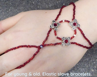 Red prism, silver plated Swarovski spacer bars. Elastic slave bracelet. Beaded Bracelet ring. Hand jewelry. Finger bracelet. Ring bracelet.