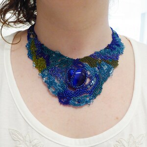 Big blue glass heart. Free form statement necklace. Various glass beads in blue turquoise & green. Collar, beaded, beadwork image 4