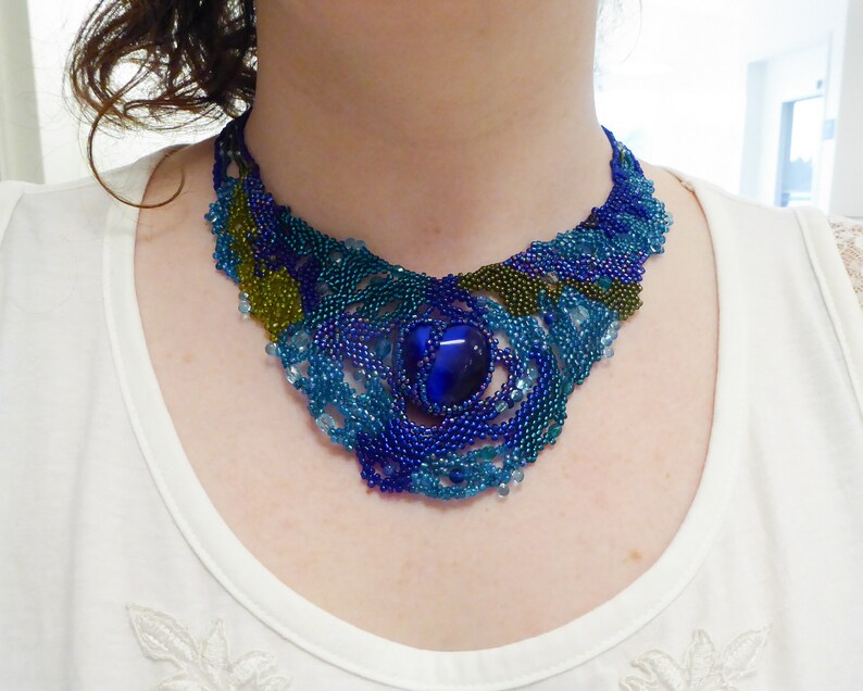 Big blue glass heart. Free form statement necklace. Various glass beads in blue turquoise & green. Collar, beaded, beadwork image 4