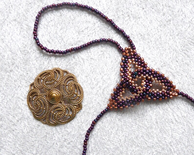 Purple gold metallic Celtic knot beadwork. Elastic slave bracelet. Bright copper plated delica beads. Beaded finger bracelet. Ring bracelet. image 2