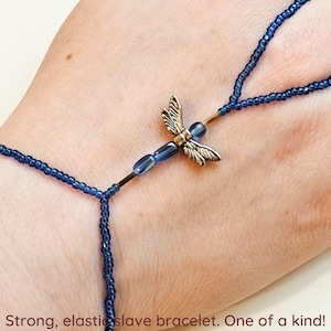 Silver plated Dragonfly. Blue elastic slave bracelet. Beaded Hand finger jewelry, Finger bracelet, Hand jewelry, Ring bracelet, Hand chain.