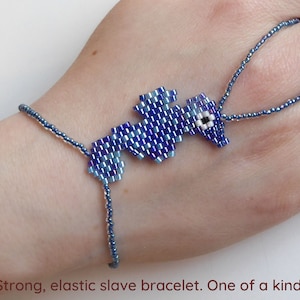 Cute Seahorse beadwork with blue rainbow and turquoise delica beads. Elastic animal slave bracelet. Beaded Finger bracelet. Hand jewelry. image 1