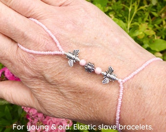 Natural Jasper & silver Bees elastic slave bracelet. Flower finger bracelet. Hand jewelry. Ring bracelet. Hand bracelet. Hand chain ring