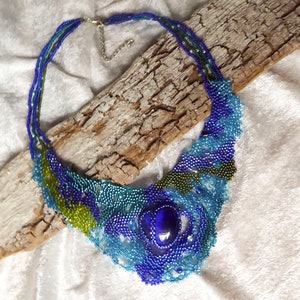 Big blue glass heart. Free form statement necklace. Various glass beads in blue turquoise & green. Collar, beaded, beadwork image 3