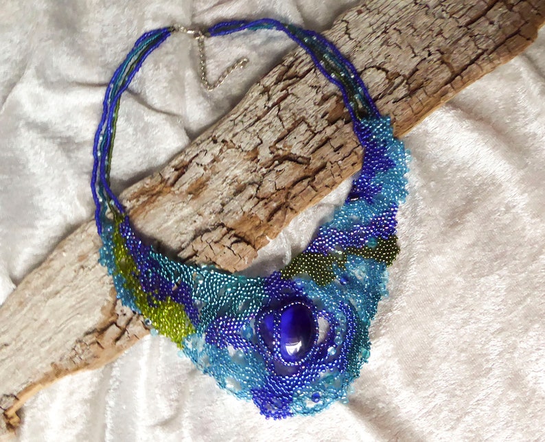 Big blue glass heart. Free form statement necklace. Various glass beads in blue turquoise & green. Collar, beaded, beadwork image 3