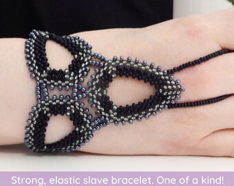 Black metallic elastic slave bracelet. Beaded stretchy bracelets ring. Beadwork finger bracelet. Hand jewelry. Hand chain. Ring bracelet.
