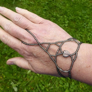 Silver window heart bead. Elastic slave bracelet. Beaded stretchy bracelets ring. Finger bracelet. Hand jewelry. Hand chain. Ring bracelet. image 5