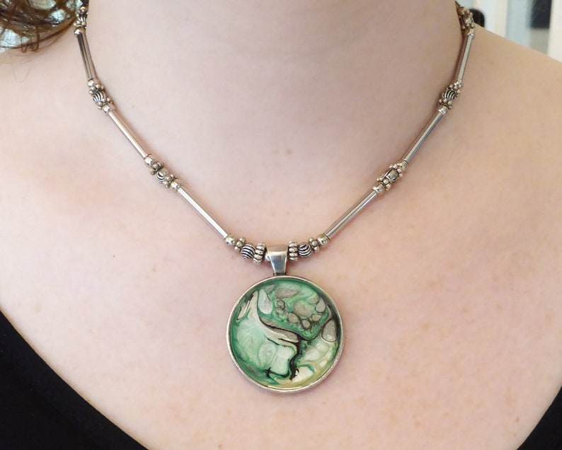 Green and gold Pebeo pendant necklace, with a resin dome. Various nickel free silver metal beads, clasp and chain. Statement collar necklace image 6