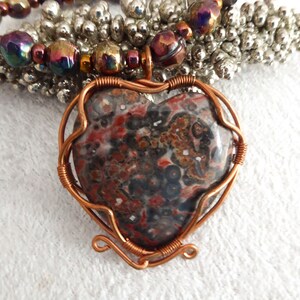 Natural big Leopard Skin Jasper heart, pendant necklace. Copper wire. Soft faceted rainbow metallic glass beads. Copper colored seed beads. image 5