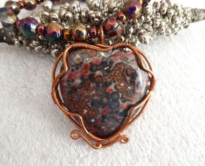 Natural big Leopard Skin Jasper heart, pendant necklace. Copper wire. Soft faceted rainbow metallic glass beads. Copper colored seed beads. image 5