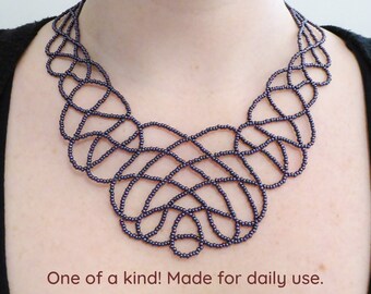 Purple metallic lace bib necklace. Silver plated clasp & chain. Beaded Collar necklace, Beadwork seed beads necklace, Free form necklace