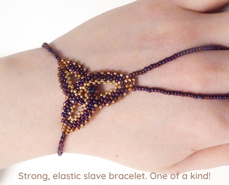 Purple gold metallic Celtic knot beadwork. Elastic slave bracelet. Bright copper plated delica beads. Beaded finger bracelet. Ring bracelet. image 1