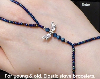 Silver plated Dragonfly. Blue metallic bicone elastic animal slave bracelet. Hand jewellery. Finger bracelet. Ring bracelet. Hand chain ring