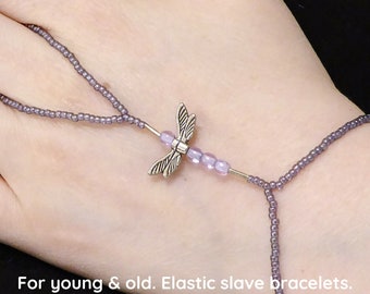 Silver plated Dragonfly. Pale purple elastic animal slave bracelet. Beaded Bracelet ring. Hand jewellery. Finger bracelet. Hand chain ring.