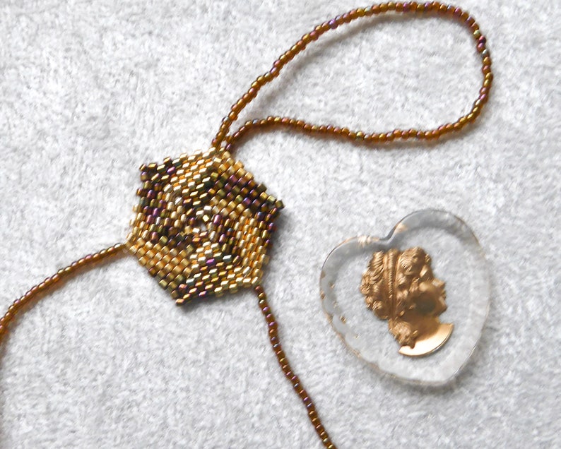 Hexagonal spiral beadwork. Elastic slave bracelet. Gold iris metallic delica beads. Beaded hand finger jewelry. Hand jewelry. Ring bracelet. image 2