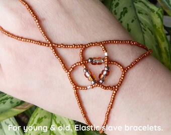 Copper orange metallic, elastic slave bracelet. Beaded Hand finger jewelry. Hand jewelry. Ring bracelet. Hand bracelet. Hand chain ring.