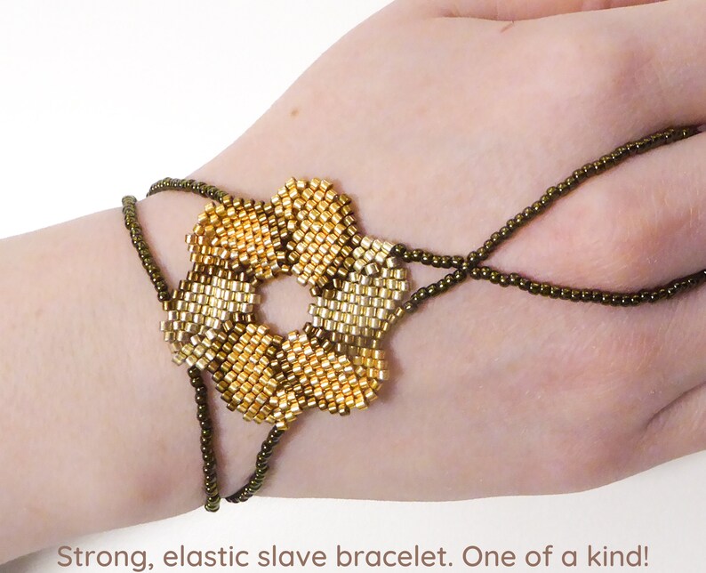 Flower beadwork with different gold iris metallic delica beads. Elastic slave bracelet. Gold plated metallic delica beads. Ring bracelet. image 1