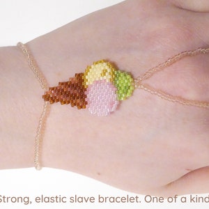 Ice Cream beadwork. Elastic slave bracelet. Different Delica beads. Rosaline transparent seed beads. Beaded Hand jewelry. Ring bracelet. image 1