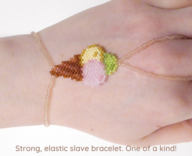 Ice Cream beadwork. Elastic slave bracelet. Different Delica beads. Rosaline transparent seed beads. Beaded Hand jewelry. Ring bracelet. image 1