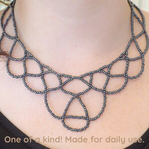 Grey metallic lace bib necklace. Silver plated clasp & chain. Beaded Collar necklace, Beadwork necklace, Free form necklace image 1