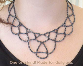 Grey metallic lace bib necklace. Silver plated clasp & chain. Beaded Collar necklace, Beadwork necklace, Free form necklace