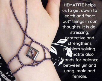 Natural HEMATITE. Purple metallic elastic gemstone slave bracelet. Crystal bracelets ring. Semi precious stone finger bracelet. Hand jewelry