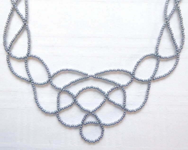 Pearl grey lace bib necklace. Silver plated clasp & chain. Beaded Collar necklace, Beadwork seed beads necklace, Free form necklace image 8
