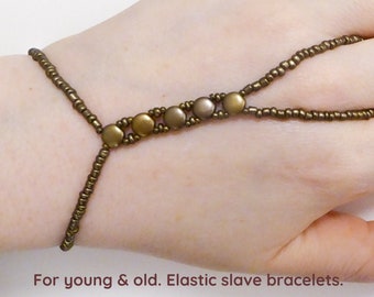 Bronze metallic matte Disc Duo glass beads.  Elastic slave bracelet. Hand finger jewelry. Finger bracelet. Hand jewelry Ring bracelet.