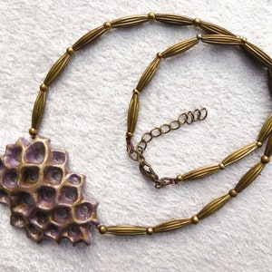 Bronze purple polymer clay 3D net. A thin coat of shiny resin. Nickel free bronze metal beads. Nickel free bronze colored clasp and chain. image 9