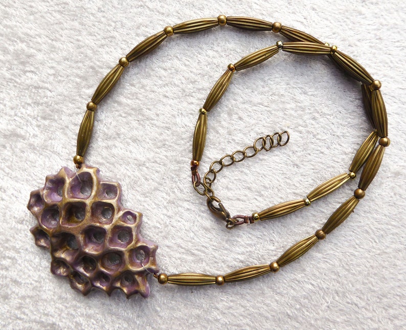 Bronze purple polymer clay 3D net. A thin coat of shiny resin. Nickel free bronze metal beads. Nickel free bronze colored clasp and chain. image 9