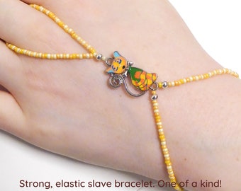 Cute orange yellow nickel free enamel Cat. Elastic animal slave bracelet. Beaded stretchy bracelets ring. Ring bracelet. Hand jewelry.