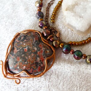 Natural big Leopard Skin Jasper heart, pendant necklace. Copper wire. Soft faceted rainbow metallic glass beads. Copper colored seed beads. image 9