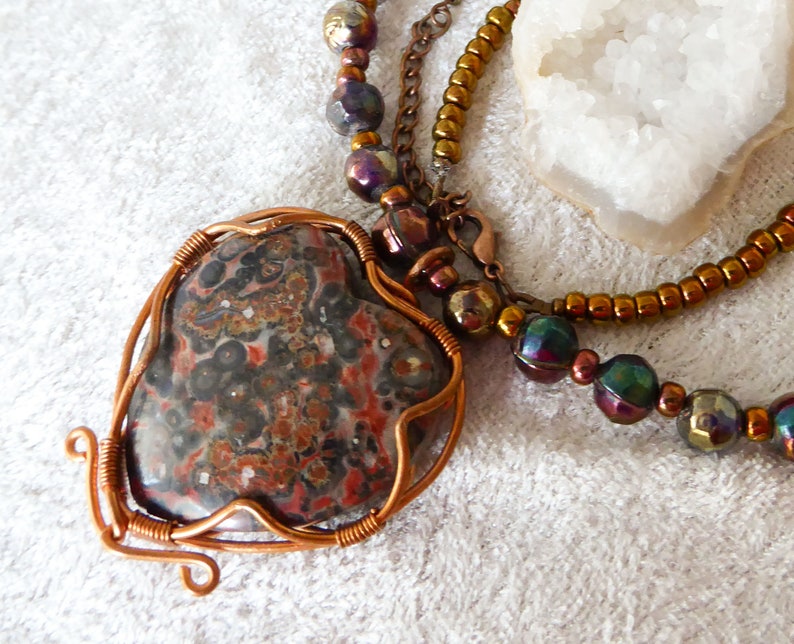 Natural big Leopard Skin Jasper heart, pendant necklace. Copper wire. Soft faceted rainbow metallic glass beads. Copper colored seed beads. image 9