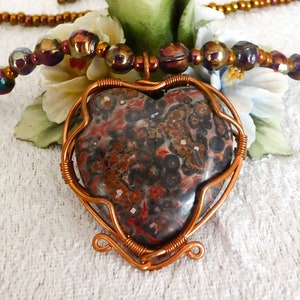 Natural big Leopard Skin Jasper heart, pendant necklace. Copper wire. Soft faceted rainbow metallic glass beads. Copper colored seed beads. image 2