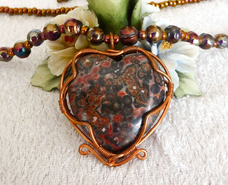 Natural big Leopard Skin Jasper heart, pendant necklace. Copper wire. Soft faceted rainbow metallic glass beads. Copper colored seed beads. image 2