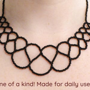 Black lace bib necklace. Silver plated clasp & chain. Beaded Collar necklace, Beadwork seed beads necklace, Free form necklace
