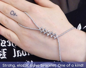 Silver superduo glass beads.  Elastic slave bracelet. Beaded Hand finger jewelry. Finger bracelet. Hand jewelry. Ring bracelet Hand bracelet