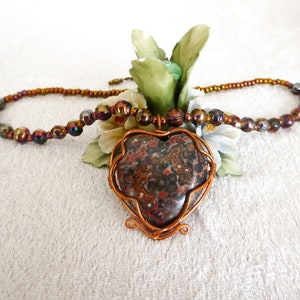 Natural big Leopard Skin Jasper heart, pendant necklace. Copper wire. Soft faceted rainbow metallic glass beads. Copper colored seed beads. image 8