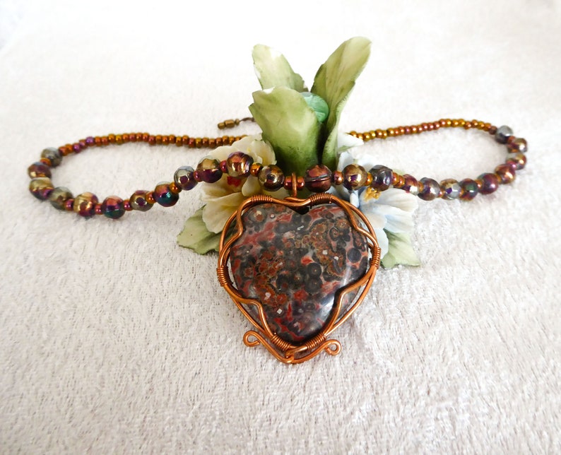 Natural big Leopard Skin Jasper heart, pendant necklace. Copper wire. Soft faceted rainbow metallic glass beads. Copper colored seed beads. image 8