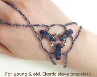 Natural Sodalite. Sterling 925 silver beads. Elastic gemstone slave bracelet. Blue crystal bracelets ring. Semi precious stone ring bracelet