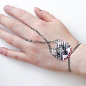 Cute Cat beadwork with different gray delica beads. Elastic animal slave bracelet. Beaded Finger bracelet. Hand jewelry. Hand bracelet. image 3