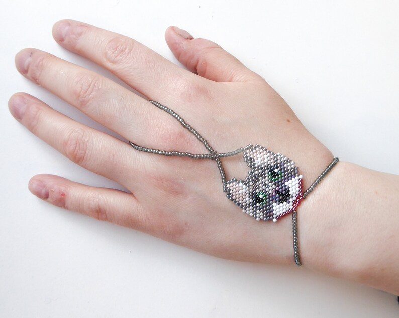 Cute Cat beadwork with different gray delica beads. Elastic animal slave bracelet. Beaded Finger bracelet. Hand jewelry. Hand bracelet. image 3