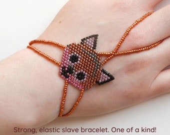 Cute Fox beadwork. Bright copper plated & different metallic Delica beads. Elastic animal slave bracelet. Beaded Hand jewelry. Hand chain.