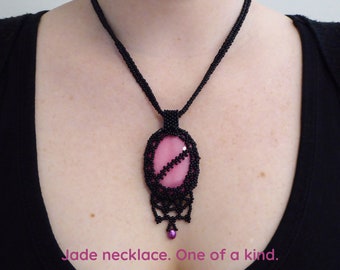 Genuine JADE necklace. Reversible pink Gemstone necklace. Crystal collar. Semi precious stone bib. Beaded choker Beadwork statement necklace