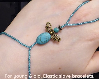 Natural TURQUOISE & dyed HOWLIT angel. Elastic gemstone slave bracelet. Crystal bracelet. Semi precious stone finger bracelet. Ring bracelet